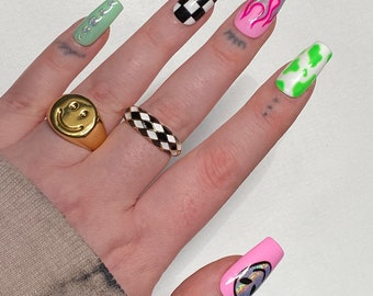 Mix and Match Alien PRESS ON NAILS | Y2K Nails | Colorful Nails | Mismatch Nails, Checkered, Melting Smiley, Cow Print, Celestial Nails