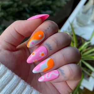 Pink and Orange Mix Match PRESS ON NAILS | Yin Yang Nails, Retro Nails, Summer Nails, Smile Face Nails, Y2k Nails, Euphoria Nails