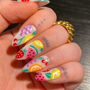 Fruit Mix PRESS ON NAILS | Strawberry Nails, Watermelon, Lemon, Orange, Grape, Cherry Nails, Colorful Nails, Summer Nails, Retro Nails