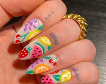 Fruit Mix PRESS ON NAILS | Strawberry Nails, Watermelon, Lemon, Orange, Grape, Cherry Nails, Colorful Nails, Summer Nails, Retro Nails