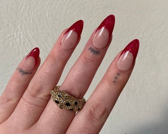Red Sparkly French Tip PRESS ON NAILS | French Nails, Glitter Nails, Sparkly Red Nails, Red Glitter Nails, Trendy Nails