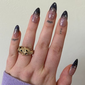 Sparkly Black French PRESS ON NAILS | Starry Nails, Glitter Nails, Aesthetic Nails, Fall Nails, Celestial Nails, Trendy Nails, French Tip