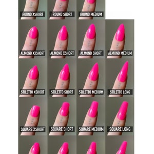 May include: A chart showing different nail shapes and lengths. The shapes include round, almond, stiletto, square, and coffin. The lengths include extra short, short, medium, and long.