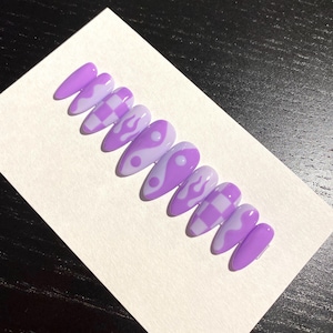 Purple Lavender Retro Mix Match PRESS ON NAILS | Lilac Nails, Y2k Nails, Flames, Yin Yang, Checkered Nails, Euphoria Nails, Trendy Gel Nails