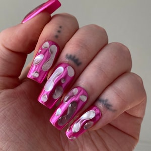Hot Pink Silver Blob PRESS ON NAILS | Chrome Nails, Wet Nails, Metallic Nails, 3d Nails, Euphoria Nails, Y2k Nails, Cool Nails, Trendy Nails