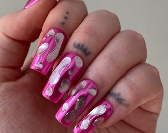Hot Pink Silver Blob PRESS ON NAILS | Chrome Nails, Wet Nails, Metallic Nails, 3d Nails, Euphoria Nails, Y2k Nails, Cool Nails, Trendy Nails