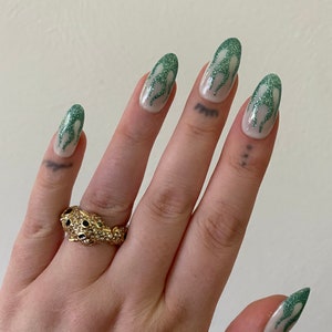 Green Glitter French Flames PRESS ON NAILS | Y2k Nails, Euphoria Nails, Trendy Nails, French Tip, Glitter Nails, Aesthetic Nails