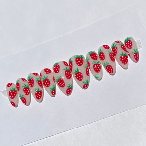 Strawberry PRESS ON NAILS | Milky White, Strawberries, Summer Nails, Fourth of July Nails, Fruit Nails, Retro Nails, Red and White Nails
