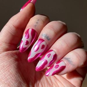 Pink Chrome Blobs PRESS ON NAILS | Hot Pink Nails, Metallic Nails, Pink and White Nails, Euphoria Nails, Y2k Nails, Summer Nails, Trendy