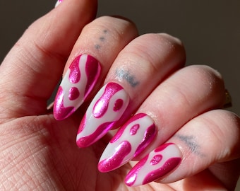 Pink Chrome Blobs PRESS ON NAILS | Hot Pink Nails, Metallic Nails, Pink and White Nails, Euphoria Nails, Y2k Nails, Summer Nails, Trendy