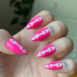 Pink Skeleton Halloween PRESS ON NAILS | Spooky Nails, Short Nails, Barbie Nails, Skeletal Bone Nails, Press ons, Stiletto Nails