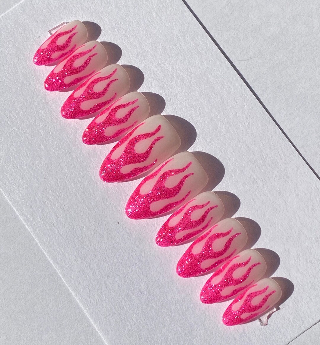 Hot Pink Glitter French Tip Flames PRESS ON NAILS Y2k Nails Etsy