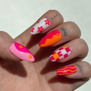 Retro Neon Pink & Orange Gel PRESS ON NAILS | 70s Flower Nails, Checkered Graphic Print, Yin Yang Nails, Spring Nails