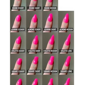 Puede incluir: Un gr&aacute;fico que muestra diferentes formas y longitudes de u&ntilde;as. Las formas incluyen redonda, almendra, stiletto, cuadrada y ata&uacute;d. Las longitudes incluyen extra corta, corta, mediana y larga.