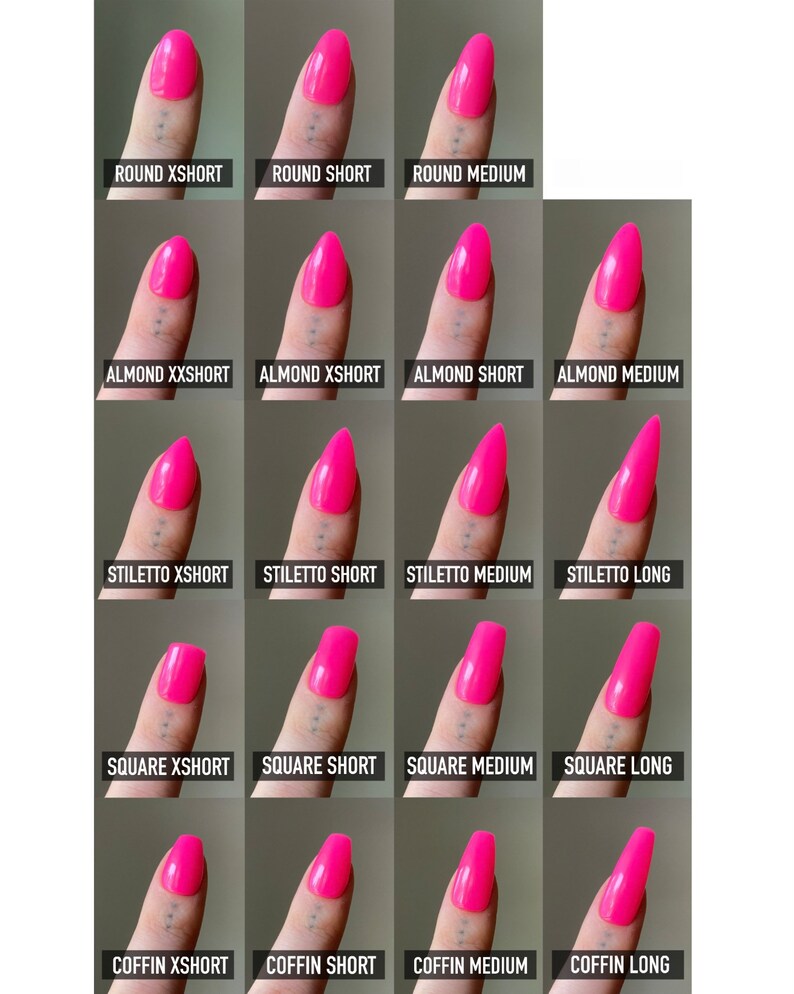 Puede incluir: Un gr&aacute;fico que muestra diferentes formas y longitudes de u&ntilde;as. Las formas incluyen redonda, almendra, stiletto, cuadrada y ata&uacute;d. Las longitudes incluyen extra corta, corta, mediana y larga.