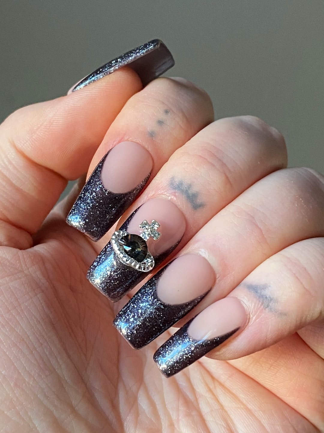Black Glitter French Tip PRESS ON NAILS Vivienne Westwood Charm