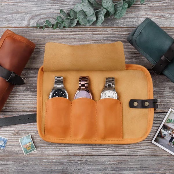 Personalized Watch Roll - Leather Watch Organizer - Custom Watch Pocket - Mens Watch Pocket - Travel Watch Roll - Watch Pouch with Emboss