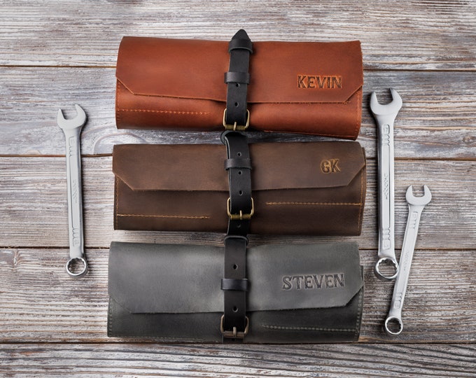 Leather Tool Roll - Personalized Car Tool Roll - Custom Mechanic Case - Bicycle Tool Organizer Bag - Gift For Man - Engraved Car Organizer