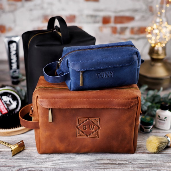 Neceser personalizado para hombre - Regalo padrinos de boda - Kit Dopp de cuero para él - Regalo de aniversario para él - Kit de afeitado para hombre - Regalo de viaje