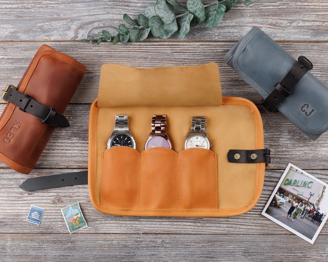 Personalized Watch Roll Leather Watch Organizer Custom Watch Pocket