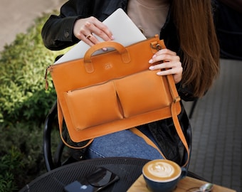 Leather MacBook Briefcase - Personalized Laptop Bag - Custom Macbook Bag With Pouch - Laptop Sleeve with Emboss - Woomens Laptop Bag