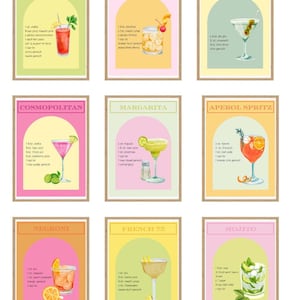 Juego de impresión de cóctel de 9, colorido juego de pared de la galería del carro de la barra, DESCARGA DIGITAL, carteles de cóctel retro, arte imprimible de la barra, decoración de la pared de bebidas