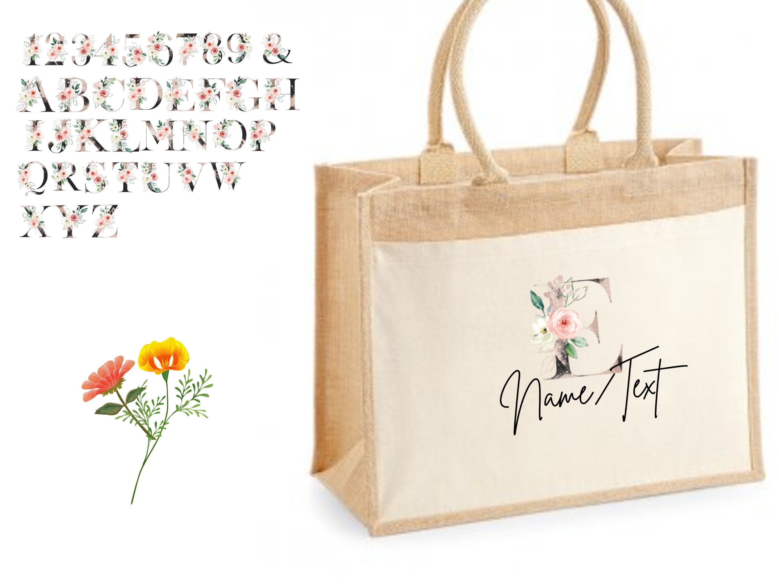 Personalised Jute Bag / Custom Floral Letter Shopper Bag / Etsy