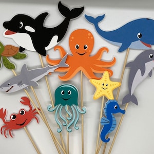 10 pc. cute sea creature party skewers, under the sea birthday party, under the sea baby shower, shark party, under the sea Photo Booth prop