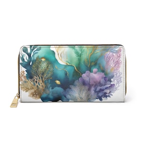 Carteira com zíper dourado com cena de peixe colorido - Design de coral tropical, acessório de vida marinha oceânica, bolsa de férias na praia, presente para peixes, náutico