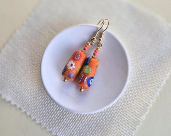 Millefiori Earrings - Orange funky earrings - Flower Mosaic Bead Dangle earrings - Bright Statement Earrings