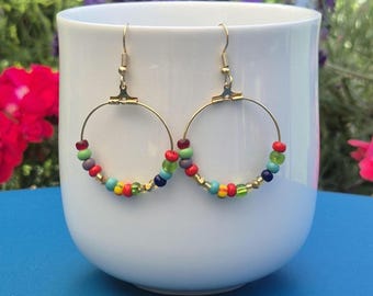 Beaded hoop earrings multicoloured - Colourful hoop earrings - Seed bead hoop earrings - Multicoloured earrings