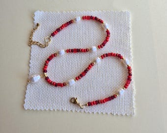 Red bead necklace: freshwater pearls and dainty 4mm red and gold glass beads - Seed bead necklace