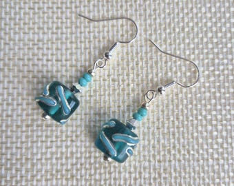 Teal Lampwork Earrings sterling silver earwires - Teal beaded earrings - Teal glass drop earrings handmade