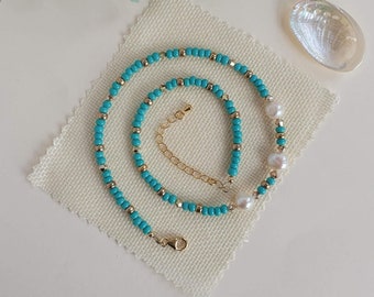 Turquoise beaded necklace - freshwater pearls and glass beads - handmade beaded jewellery UK