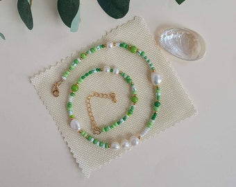 Pearl and green beaded necklace, Freshwater pearl and glass bead necklace,| Green necklace for women, Handmade jewellery UK