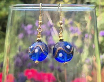 Cobalt blue earrings with gold swirls - Lampork earrings - Dark blue earings dangle - Blue glass earrings