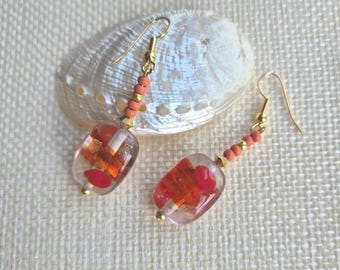 Orange fused glass earrings - Boho Dangle Earrings, Bright Summer Statement Jewellery, Vibrant Glass Bead Earrings
