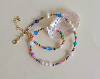Pearl beaded necklace - freshwater pearls and colourful beads - handmade beaded jewellery UK