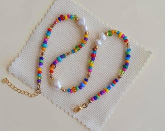 Colourful necklace: freshwater pearls and tiny glass beads - Seed bead necklace multicoloured - Funky necklace handmade