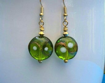 Lampwork earrings green and gold - Green glass bead earrings