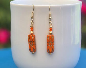 Sunburst bead earrings - Orange Czech Glass Dangle Earrings