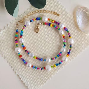 Delicate pearl beaded necklace handmade - freshwater pearls - dainty multicolour glass beads