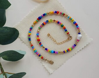 Pearl beaded necklace 14K gold filled - freshwater pearl and multicoloured beads - Beaded jewellery handmade UK