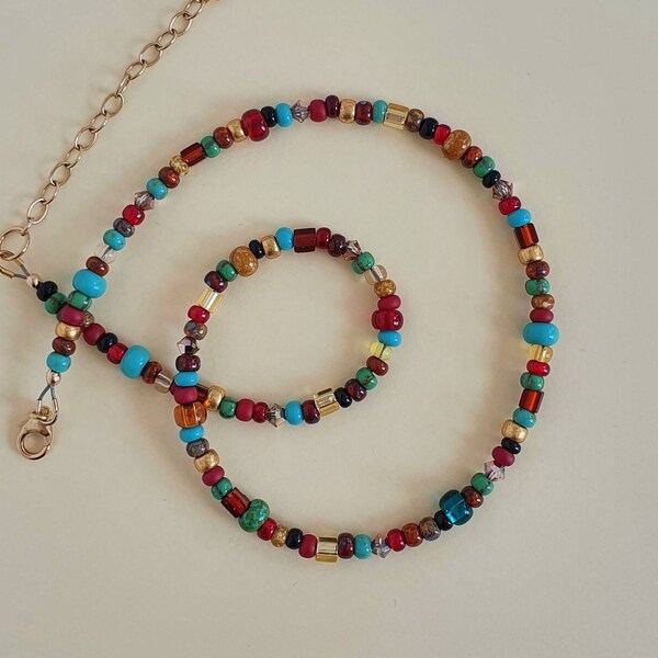 Colourful beaded necklace 14K gold filled, Seed bead necklace, Boho beaded necklace for women, Handmade jewellery UK