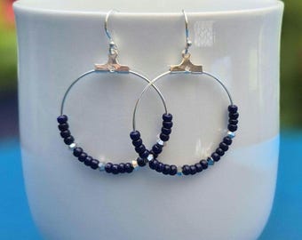 Navy blue hoop earrings: sterling silver earwires - Beaded hoop earrings - Seed bead hoop earrings - Navy blue drop earrings