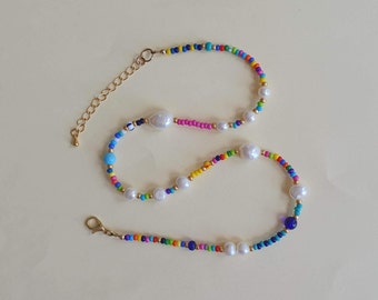 Pearl beaded necklace - freshwater pearls and colourful beads - handmade beaded jewellery UK