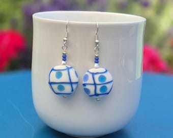 Blue and White Lampwork Earrings: sterling silver hooks - Blue and White Glass Bead Dangle Earrings - Beaded Drop Earrings
