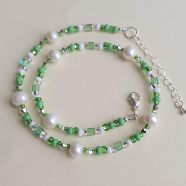 Pearl and green beaded necklace sterling silver, Freshwater pearl and glass bead necklace, Green necklace for women, Handmade jewellery UK