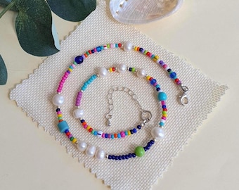 Funky colourful necklace: freshwater pearls and tiny glass beads - Seed bead necklace multicoloured