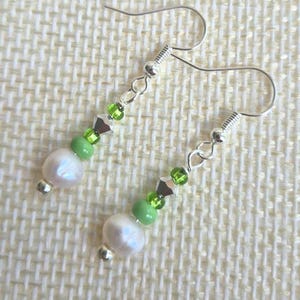 Sterling silver beaded green dangle earrings handmade with a natural freshwater pearl, green and silver glass beads - lightweight - drop 2cm